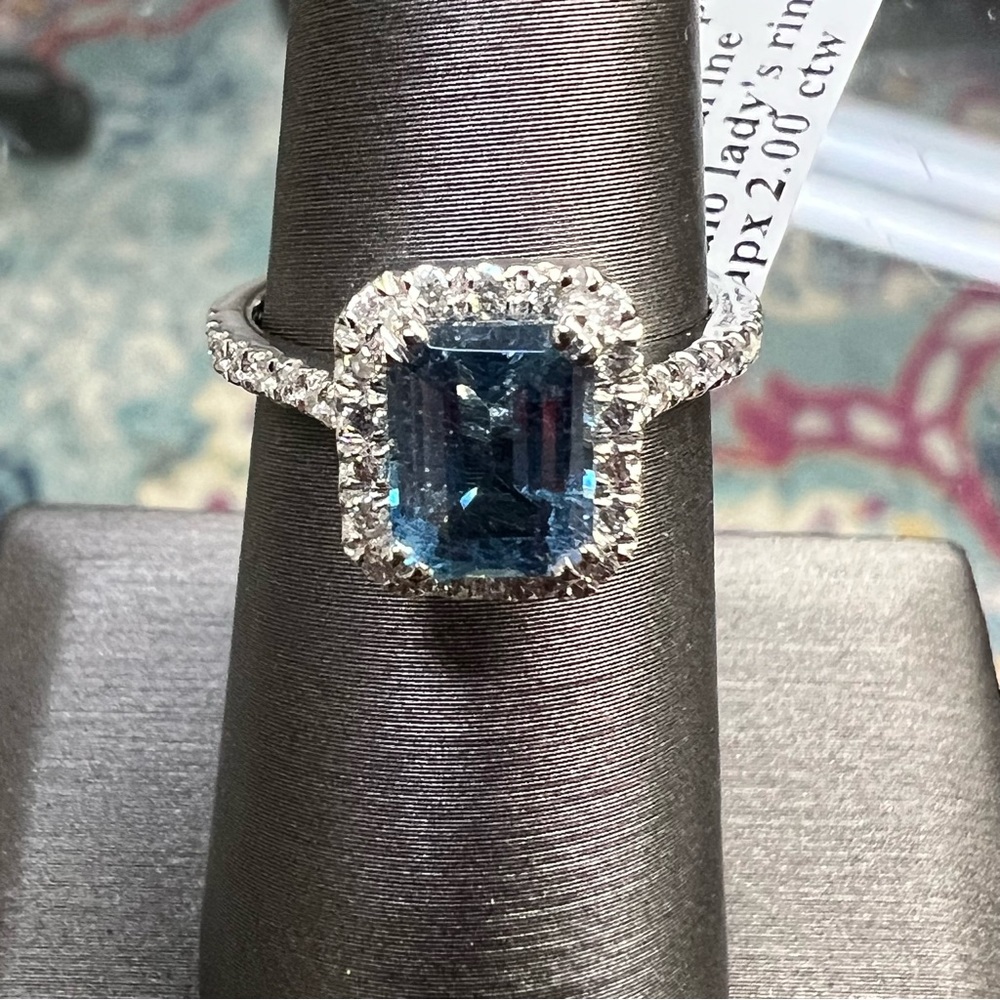 14k White Gold Diamond Emerald Shape Aquamarine Halo Ring